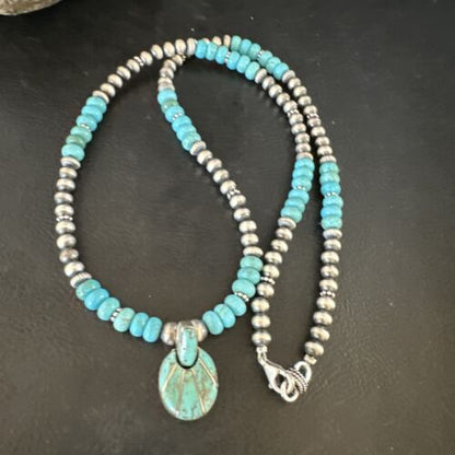 Navajo Blue Turquoise Inlay Pendant | Sterling Silver Necklace | Authentic Native American Handmade | 15423