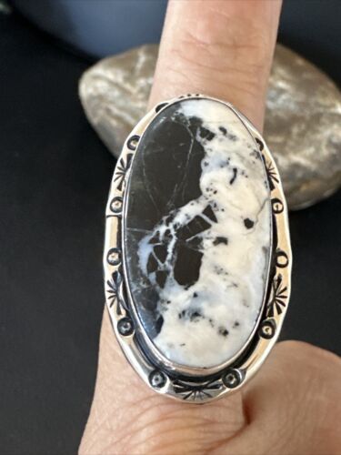 White Buffalo Turquoise Navajo Ring | Sterling Silver | Sz 11 | Authentic Native American Handmade | 16389