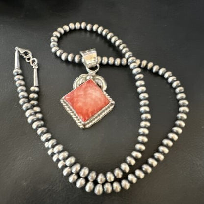 Navajo Red Spiny Oyster Pendant Necklace | Sterling Silver | Authentic Native American Handmade | 16144