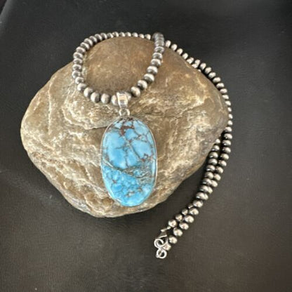 Navajo Blue Spiderweb Turquoise Pendant Necklace | Sterling Silver | Authentic Native American Handmade | 17020