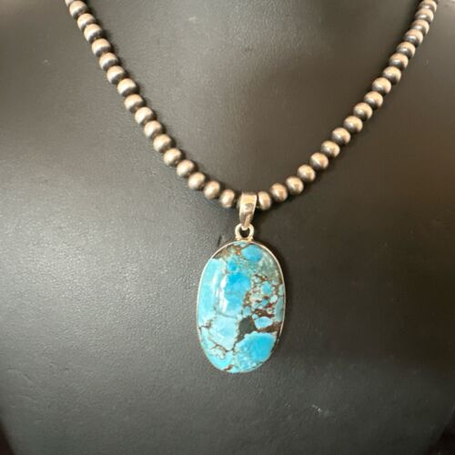 Navajo Blue Spiderweb Turquoise Pendant Necklace | Sterling Silver | Authentic Native American Handmade | 17019