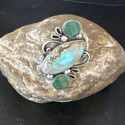 Navajo Green Turquoise Cluster Ring | Authentic Native American Sterling Silver | Multi-Stone | Sz 9 | 14843