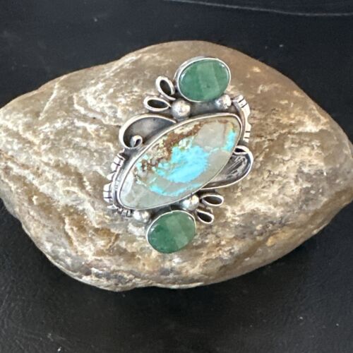 Navajo Green Turquoise Cluster Ring | Authentic Native American Sterling Silver | Multi-Stone | Sz 9 | 14843