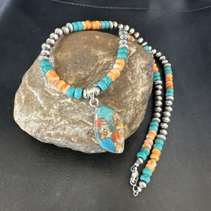 Navajo Spiny Turquoise Pendant Necklace | Sterling Silver | 21" | Authentic Native American Handmade | 17517