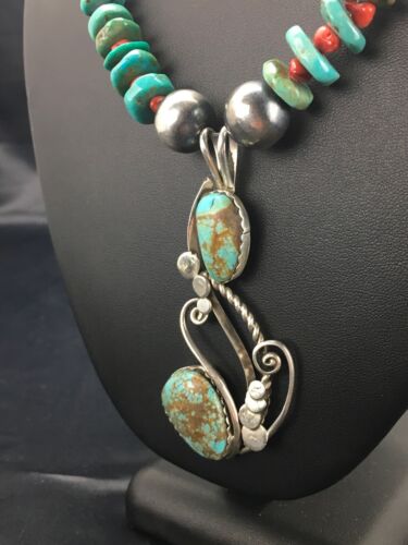 Navajo Turquoise #8 & Spiny Oyster Pendant Necklace | Sterling Silver | 22" | Authentic Native American Handmade | 2635