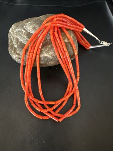 Orange Coral Tube Heishi Bead Necklace | 5 Strand Navajo Sterling Silver | 18" | 15280