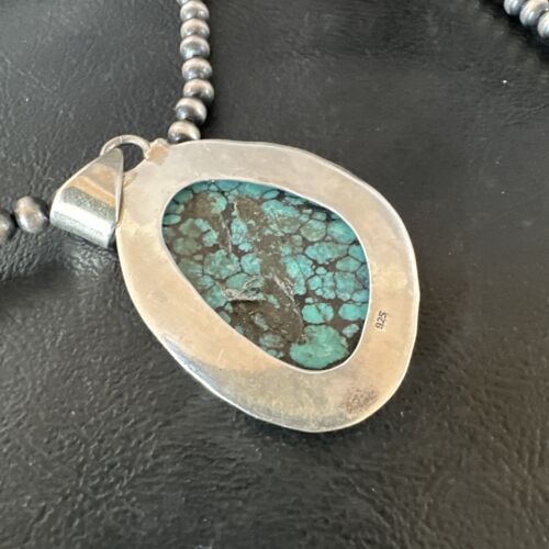 Men's Navajo Blue Spiderweb Turquoise Pendant Necklace | Sterling Silver | Authentic Native American Handmade | 16198