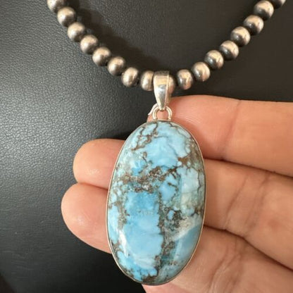 Navajo Blue Spiderweb Turquoise Pendant Necklace | Sterling Silver | Authentic Native American Handmade | 17025