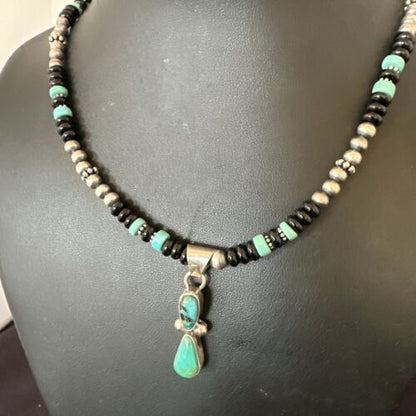 Navajo Men's Blue Turquoise Pendant with Pearls | Sterling Silver Onyx Necklace | Native American Handmade | 13203