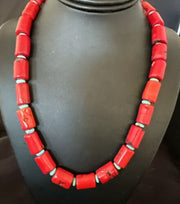 Navajo Red Coral Turquoise Bead Necklace | Sterling Silver | 20" | Authentic Native American Handmade | 16816
