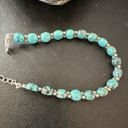 Southwestern Blue Turquoise Bead Link Bracelet | Sterling Silver | 8" | 17231