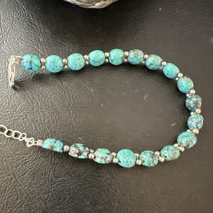 Southwestern Blue Turquoise Bead Link Bracelet | Sterling Silver | 8" | 17231