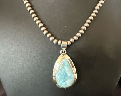 Navajo Blue Larimar Pendant Necklace | Sterling Silver Beads | Authentic Native American Handmade | 17603