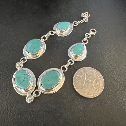 Navajo Blue Turquoise Link Bracelet | Sterling Silver | 8" | Authentic Native American Handmade | 15478