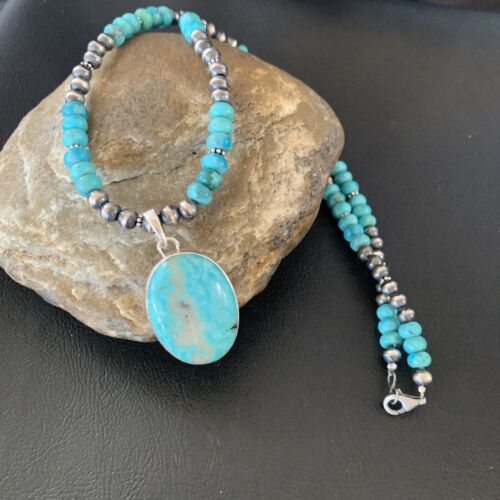 Navajo Pearls Necklace with Blue Kingman Turquoise Pendant | Sterling Silver | 11863