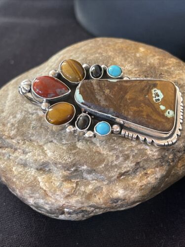 Navajo Sterling Silver Pendant | Turquoise #8, Onyx, Tigers Eye | Authentic Native American Handmade | 16835