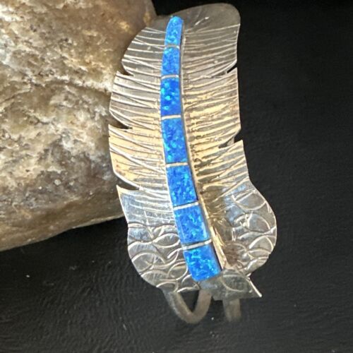 Navajo Sterling Silver Bracelet with Blue Fire Opal Inlay | 7" | Authentic Native American Handmade | 15070
