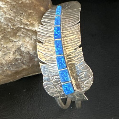 Navajo Sterling Silver Bracelet with Blue Fire Opal Inlay | 7" | Authentic Native American Handmade | 15070
