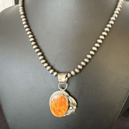 Navajo Orange Spiny Oyster Pendant Necklace | Sterling Silver Pearls | Authentic Native American Handmade | 16557