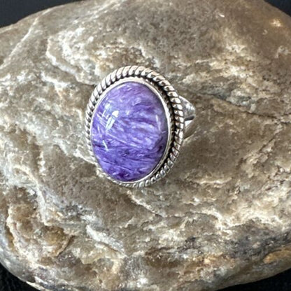 Navajo Purple Charoite Oval Ring | Sterling Silver | Adjustable Sz 9 | Authentic Native American Handmade | 17248
