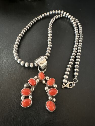 Navajo Horseshoe Naja Red Coral Pendant Necklace | Sterling Silver | Authentic Native American Handmade | 15754