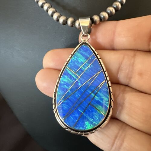 Men's and Women's Blue Fire Opal Inlay Pendant | Navajo Sterling Silver | Authentic Native American Handmade | 16481