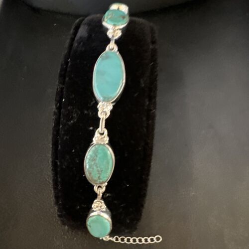 Navajo Blue Turquoise Link Bracelet | Sterling Silver | 8" | Authentic Native American Handmade | 15468