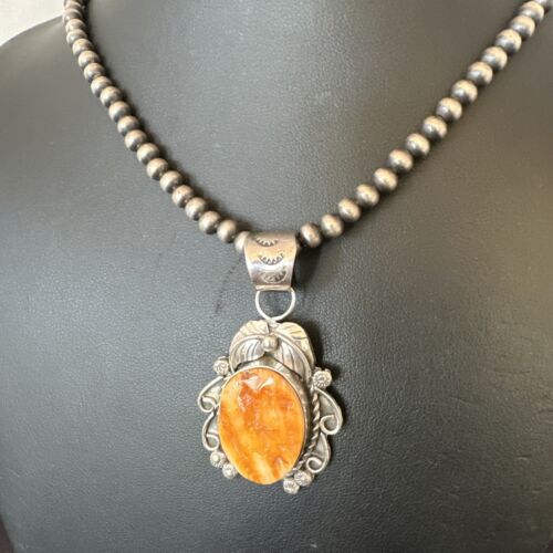 Women's Orange Spiny Oyster Pendant | Navajo Pearls Sterling Silver Necklace 21" | Handmade Jewelry | 16556