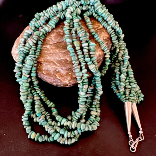 Navajo Green Turquoise Nugget Necklace | 5 Strand | Sterling Silver | Authentic Native American Handmade | 16321