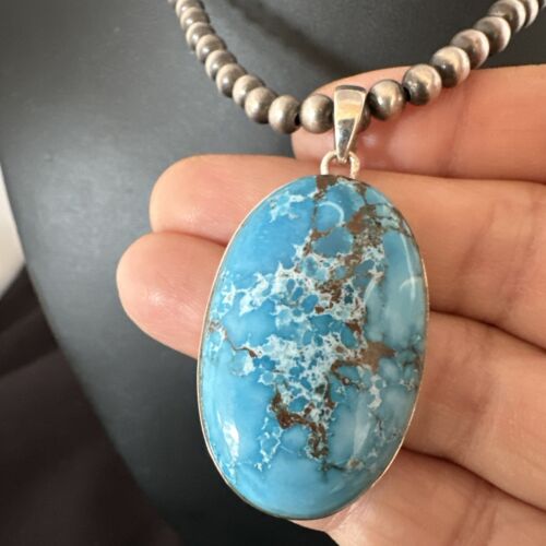 Navajo Blue Spiderweb Turquoise Pendant Necklace | Sterling Silver | Authentic Native American Handmade | 17015