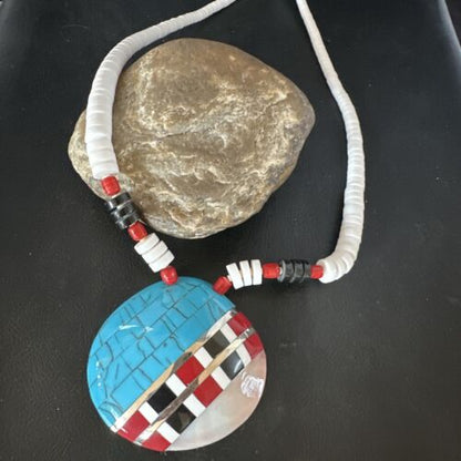 Navajo Shell Turquoise Coral Necklace | Sterling Silver | Stabilized | Inlay | 22" | Authentic Native American Handmade | 15323