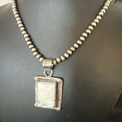 White Buffalo Turquoise Pendant | Navajo Pearls Sterling Silver Necklace | Authentic Native American Handmade | 17104