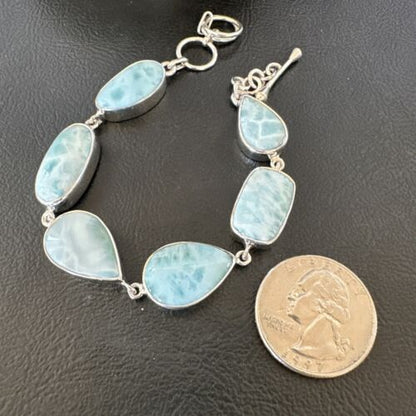 Navajo Blue Larimar Bracelet | Sterling Silver Link | 8" | Authentic Native American Handmade | 16075