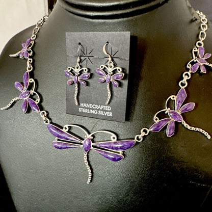 Navajo Dragonfly Purple Sugilite Necklace and Earrings Set | Sterling Silver | Native American Handmade | 16257