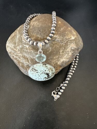 Navajo Dry Creek Turquoise Topaz Pendant Necklace | Sterling Silver | Authentic Native American Handmade | 16436