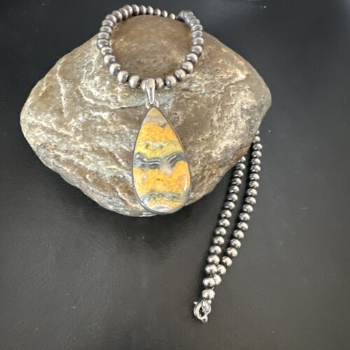 Navajo BumbleBee Jasper Pendant Necklace | Sterling Silver Pearls | Authentic Native American Handmade | 16843