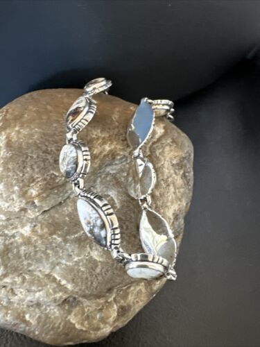 White Buffalo Turquoise 8-Stone Navajo Sterling Silver Link Bracelet 8" | Handmade | 16379