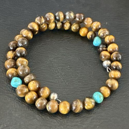 Navajo Blue Turquoise Coffee Tiger's Eye Bracelet | Stainless Steel Memory Wire | Authentic Native American Handmade | 17627