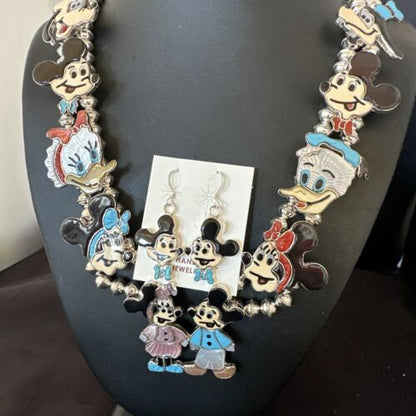 Disney Mickey Minnie Zuni Necklace Pendant | Sterling Silver Inlay | Authentic Native American Handmade | 16073