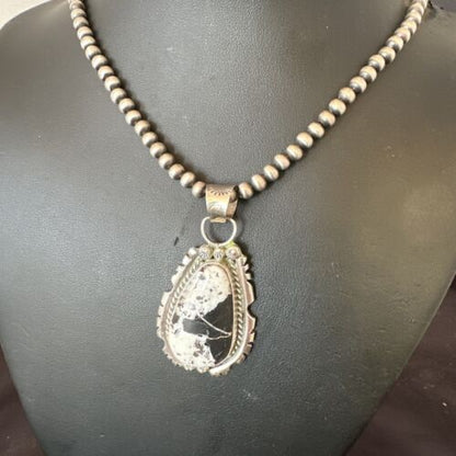 White Buffalo Turquoise Pendant | Navajo Pearls Sterling Silver Necklace | Authentic Native American Handmade | 17109