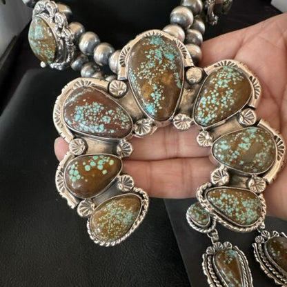 Navajo Blue Turquoise #8 Squash Blossom Necklace with Naja Earrings | Sterling Silver | 17204 - Masha USA