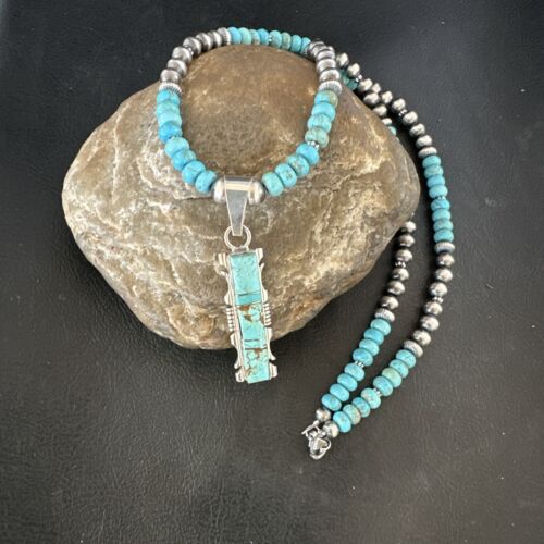 Turquoise #8 Inlay Pendant Necklace | Navajo Sterling Silver | Authentic Native American Handmade | 17072