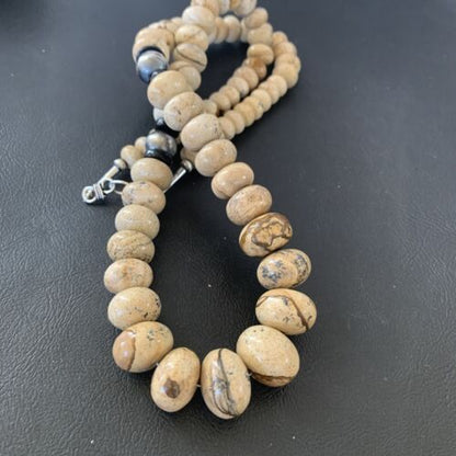 Native American Women's Graduated Picture Jasper & Onyx Necklace | Sterling Silver 26" | 1767