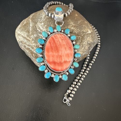 Navajo Kingman Turquoise & Red Spiny Oyster Pendant Necklace | Sterling Silver | 16014