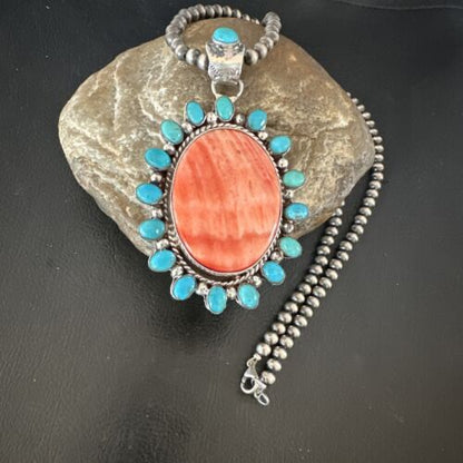 Navajo Kingman Turquoise & Red Spiny Oyster Pendant Necklace | Sterling Silver | 16014