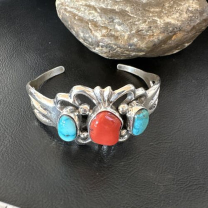 Kingman Turquoise Coral Cuff Bracelet | Navajo Tufa Cast | Sterling Silver | Authentic Native American Handmade | 16406