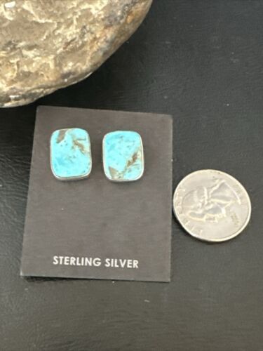 Navajo Blue Kingman Turquoise Post Stud Earrings | Sterling Silver | Authentic Native American Handmade | 17410