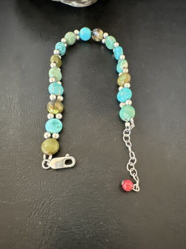 Women's Blue Turquoise Bead Bracelet | Southwestern Sterling Silver Link | 8" | 17237