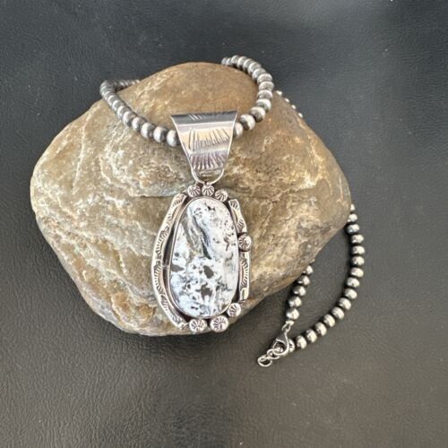 Men's White Buffalo Turquoise Pendant Necklace | Navajo Pearl Sterling Silver | 17037