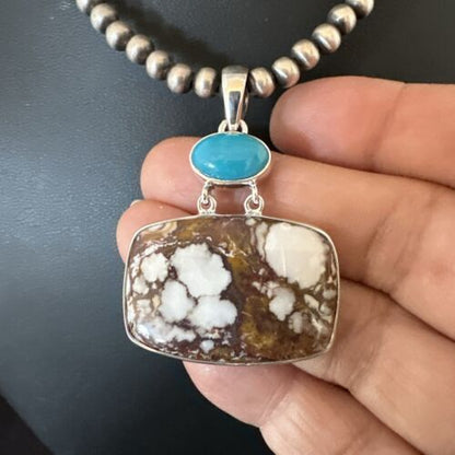 Men's Wild Horse Blue Kingman Turquoise Necklace | Sterling Silver SW Pendant | Multi-Stone | 17326